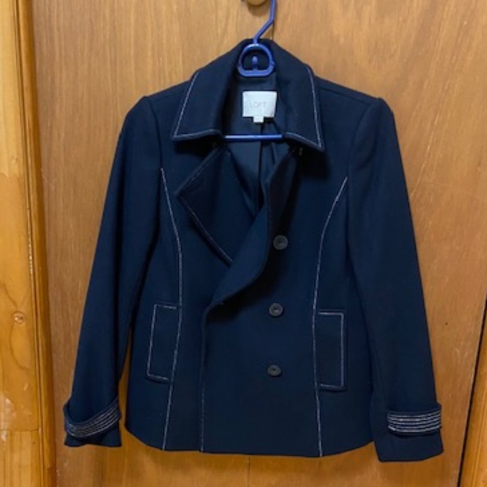 Loft Topstitched Peacoat, Size XXS Petite, Navy